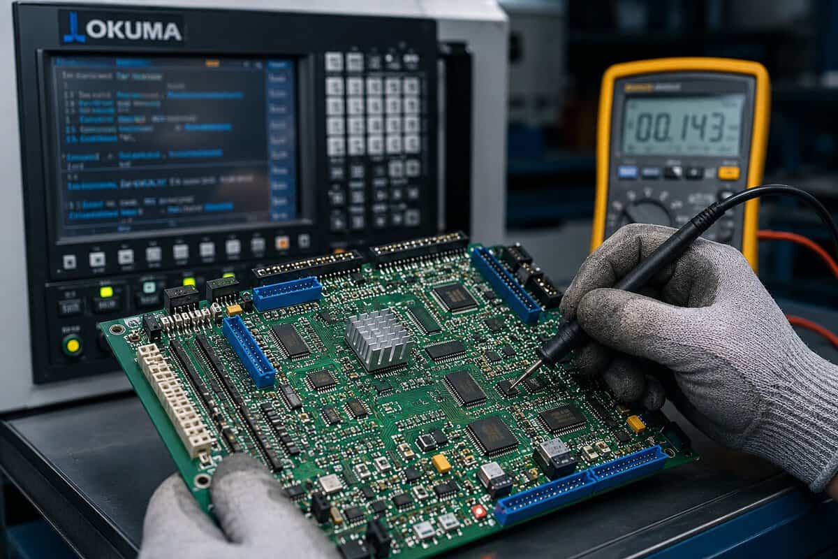 Okuma CNC control unit repair on a workbench
