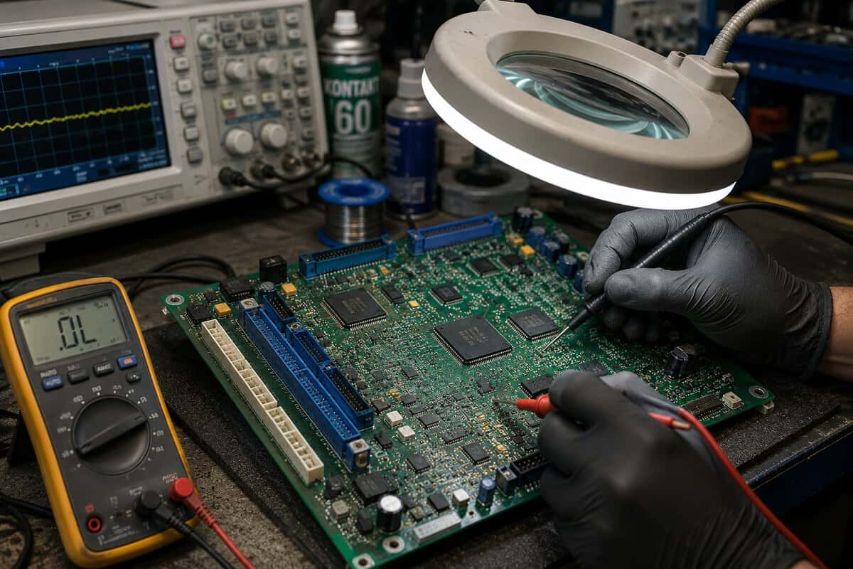 Industrial PCB fault analysis and troubleshooting close-up