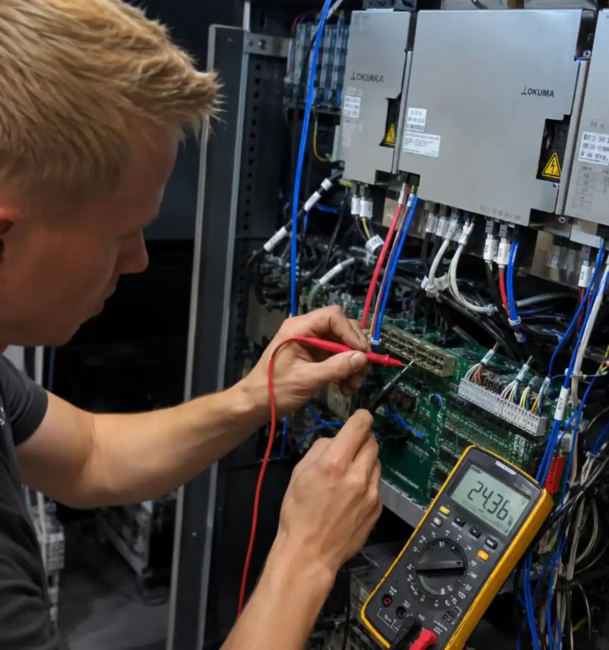 Technician performing Okuma CNC control diagnostics and electrical testing